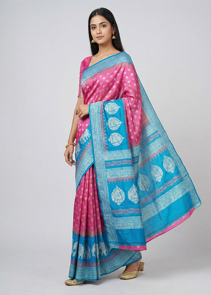 Pink Printed Silk Saree Without Blouse Piece
