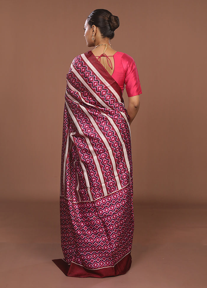 Maroon Printed Pure Silk Saree Without Blouse Piece