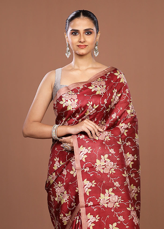 Maroon Printed Pure Silk Saree Without Blouse Piece