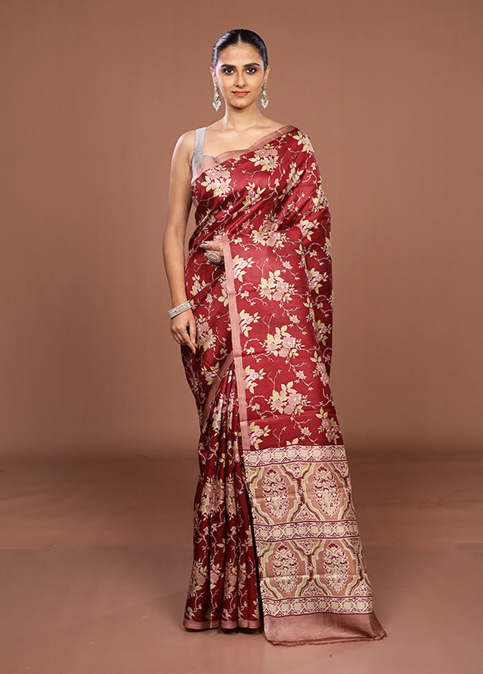 Maroon Printed Pure Silk Saree Without Blouse Piece