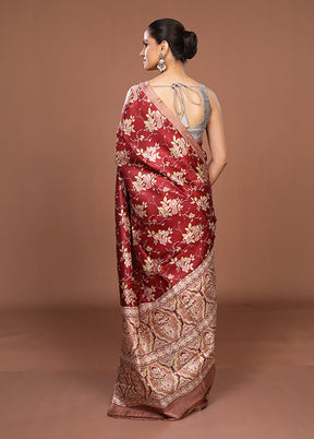 Maroon Printed Pure Silk Saree Without Blouse Piece