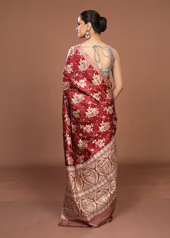 Maroon Printed Pure Silk Saree Without Blouse Piece
