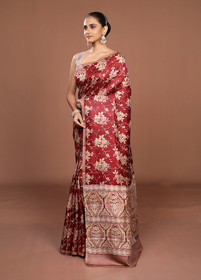 Maroon Printed Pure Silk Saree Without Blouse Piece