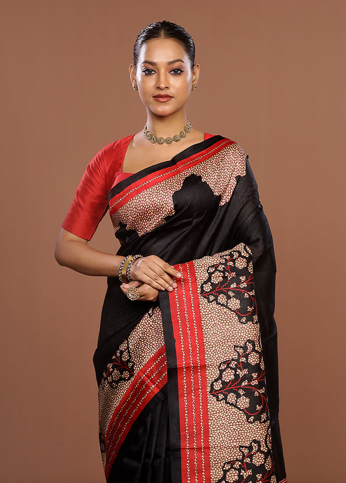 Black Printed Pure Silk Saree Without Blouse Piece