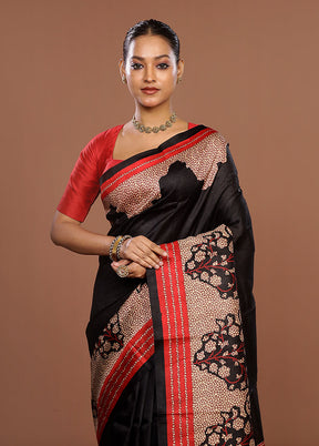 Black Printed Pure Silk Saree Without Blouse Piece
