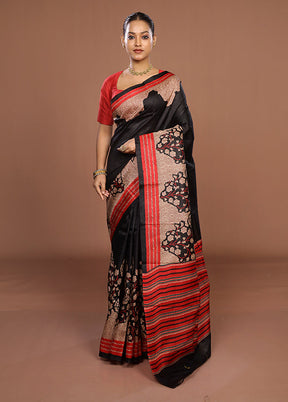 Black Printed Pure Silk Saree Without Blouse Piece