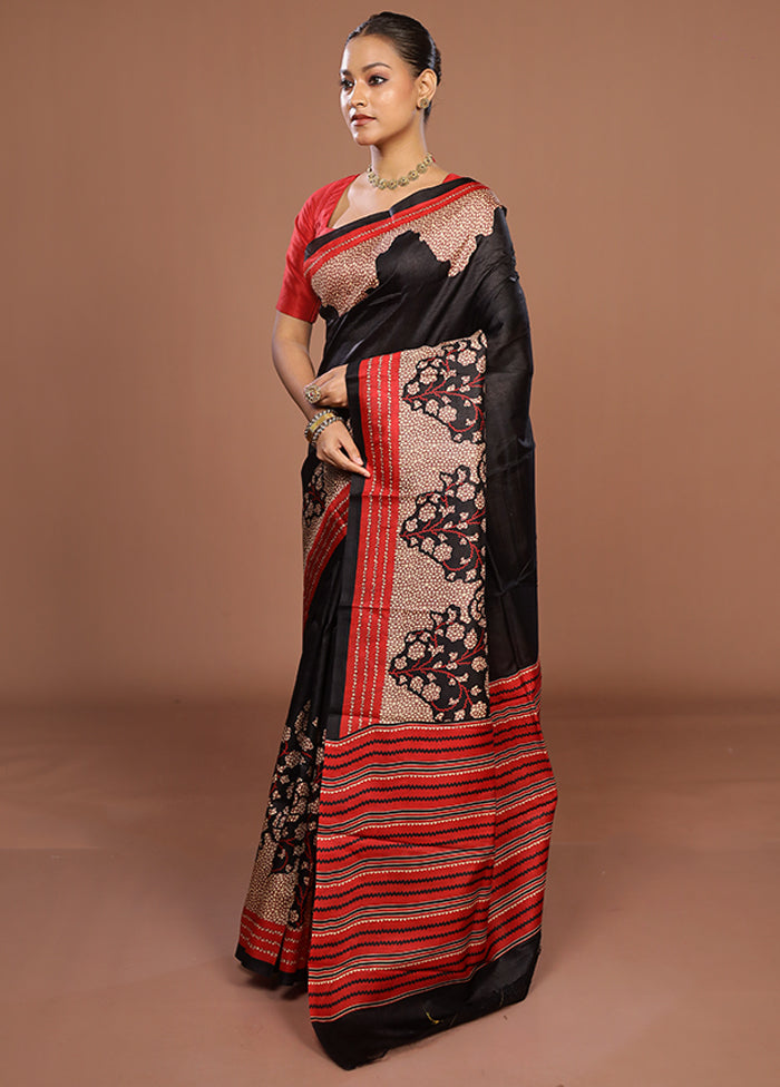 Black Printed Pure Silk Saree Without Blouse Piece