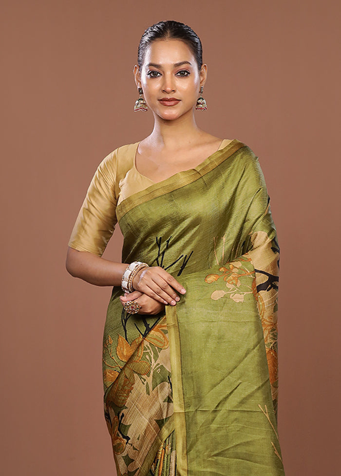 Green Printed Pure Silk Saree Without Blouse Piece