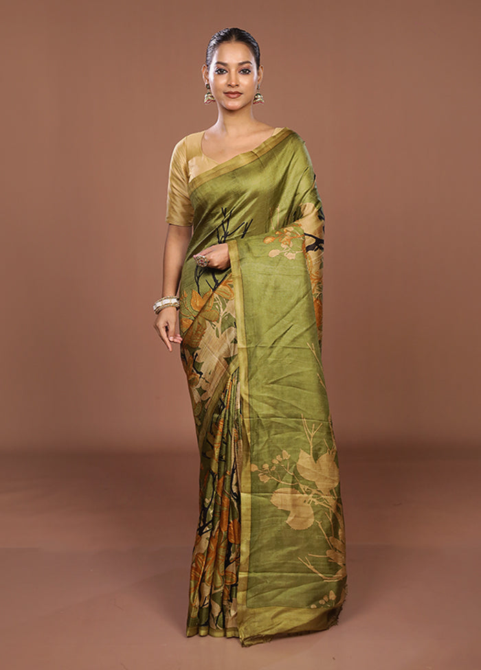 Green Printed Pure Silk Saree Without Blouse Piece