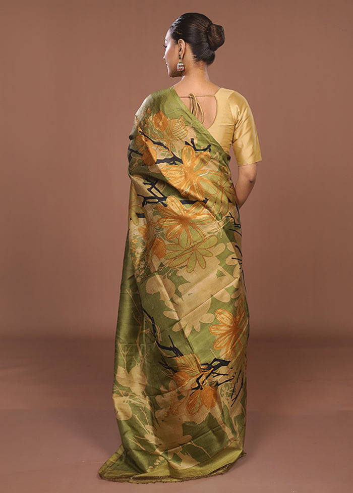Green Printed Pure Silk Saree Without Blouse Piece