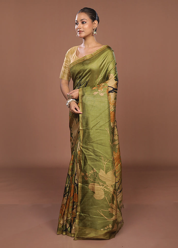 Green Printed Pure Silk Saree Without Blouse Piece