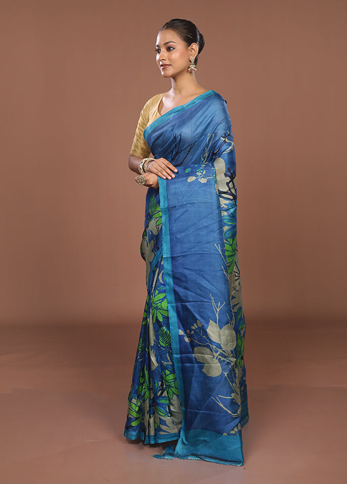 Blue Printed Pure Silk Saree Without Blouse Piece