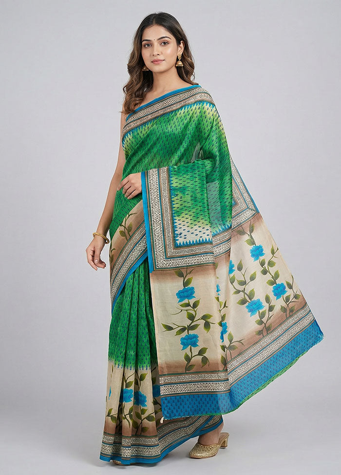 Green Printed Silk Saree Without Blouse Piece