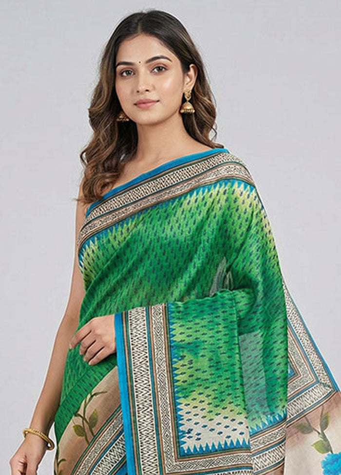Green Printed Silk Saree Without Blouse Piece