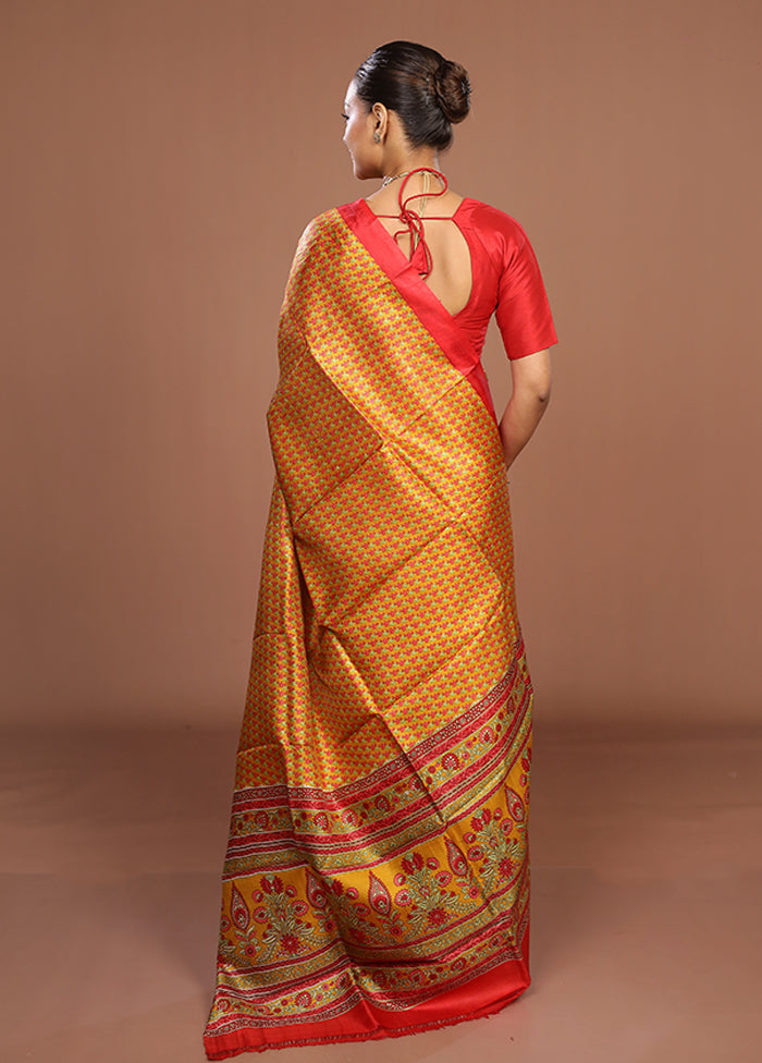 Yellow Printed Pure Silk Saree Without Blouse Piece