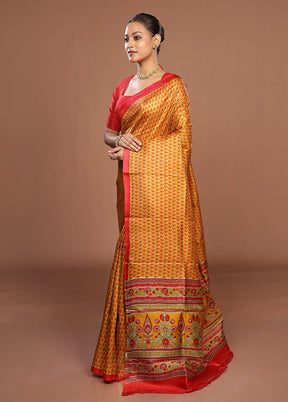 Yellow Printed Pure Silk Saree Without Blouse Piece