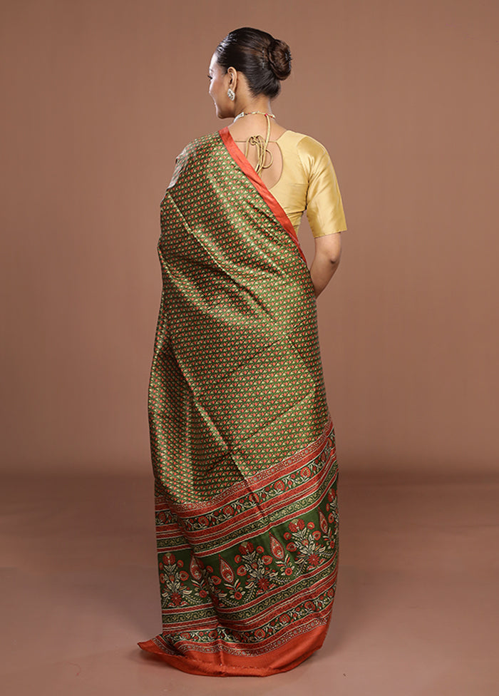 Green Printed Pure Silk Saree Without Blouse Piece