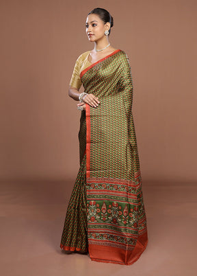 Green Printed Pure Silk Saree Without Blouse Piece
