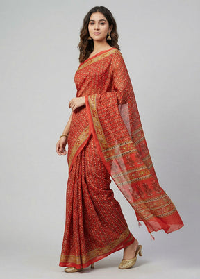 Red Printed Silk Saree Without Blouse Piece