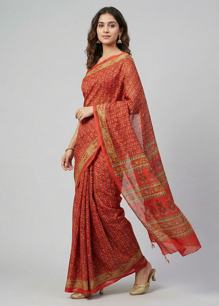 Red Printed Silk Saree Without Blouse Piece