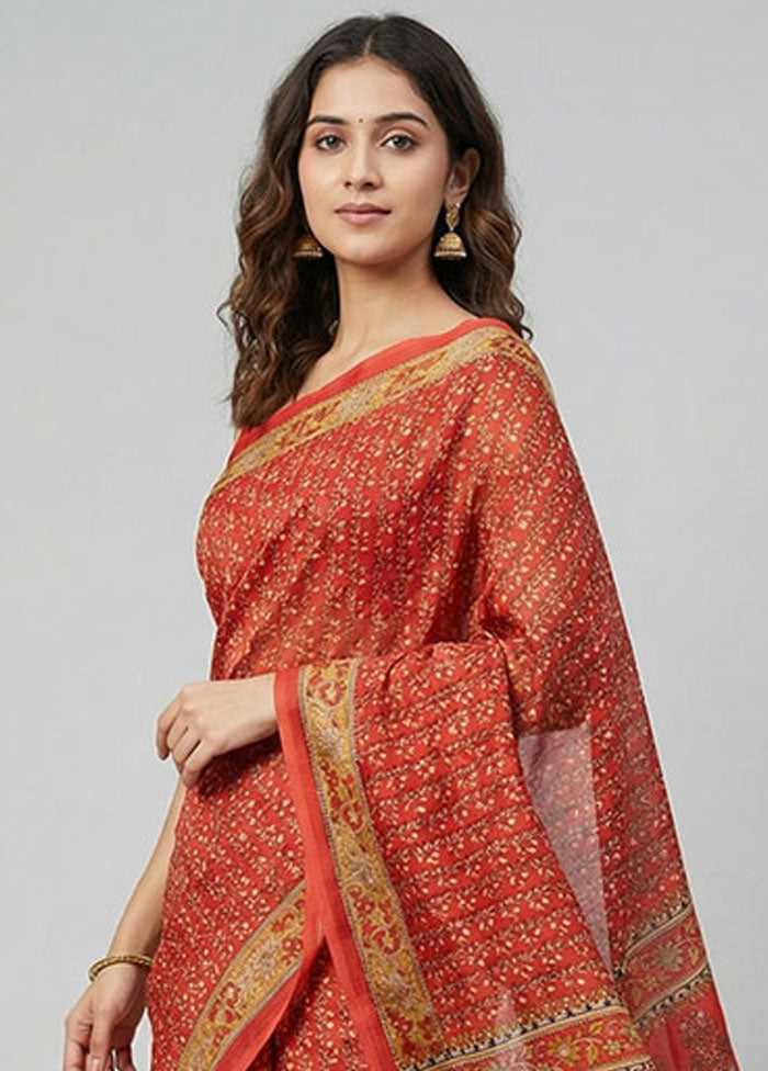 Red Printed Silk Saree Without Blouse Piece