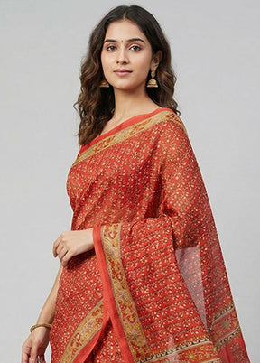 Red Printed Silk Saree Without Blouse Piece