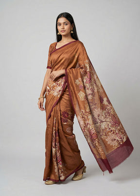 Rust Printed Silk Saree Without Blouse Piece