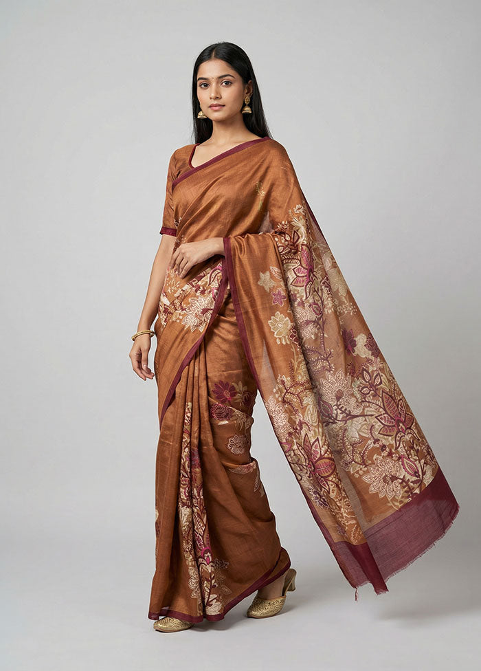 Rust Printed Silk Saree Without Blouse Piece