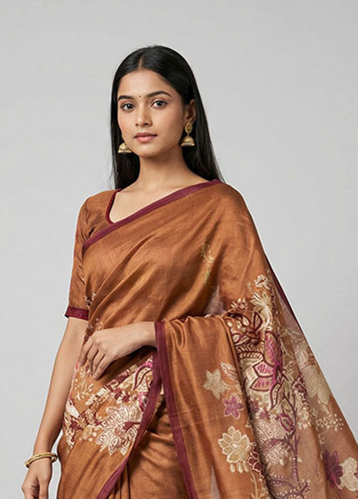 Rust Printed Silk Saree Without Blouse Piece