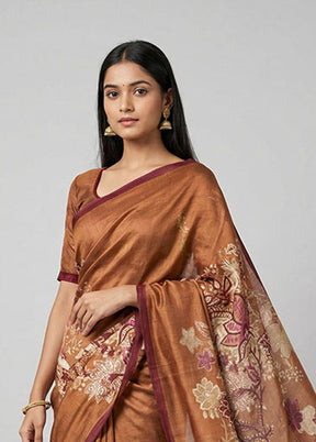 Rust Printed Silk Saree Without Blouse Piece