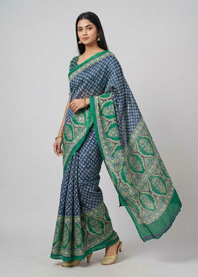 Blue Printed Silk Saree Without Blouse Piece