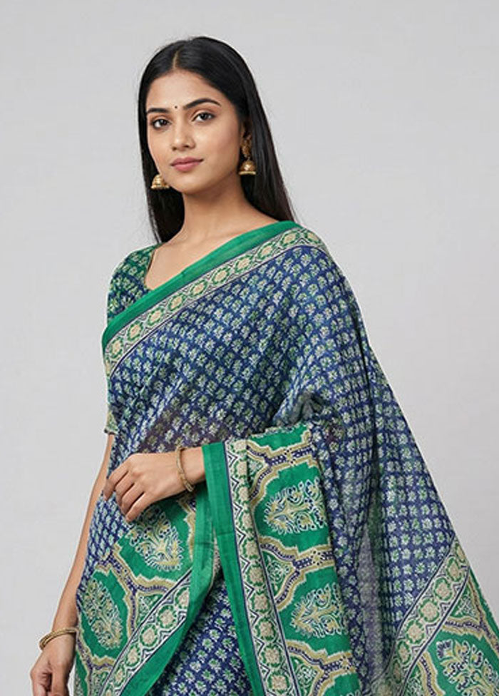 Blue Printed Silk Saree Without Blouse Piece
