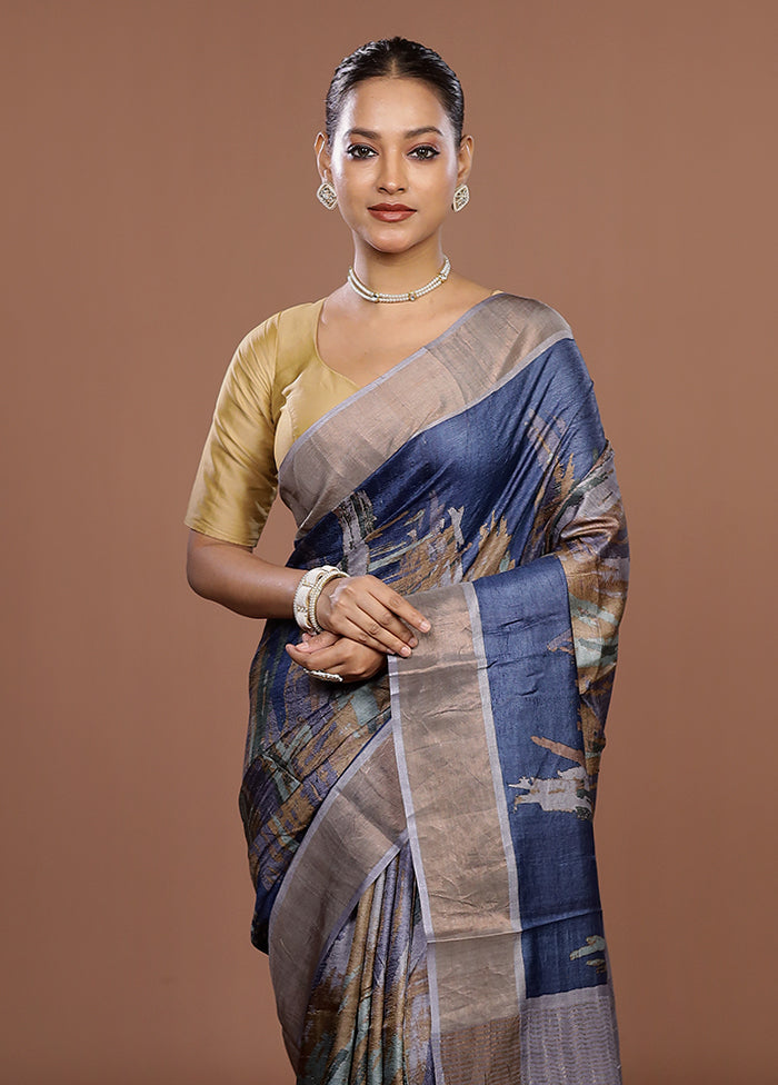 Blue Tussar Silk Saree With Blouse Piece