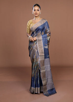 Blue Tussar Silk Saree With Blouse Piece
