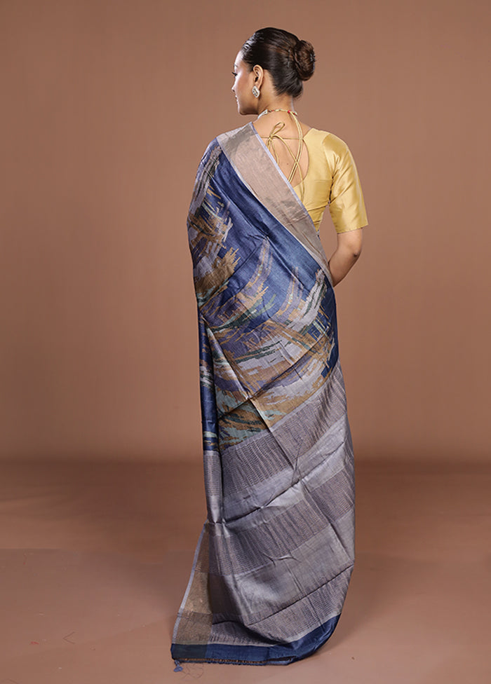 Blue Tussar Silk Saree With Blouse Piece