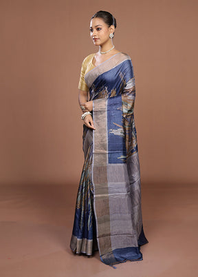 Blue Tussar Silk Saree With Blouse Piece