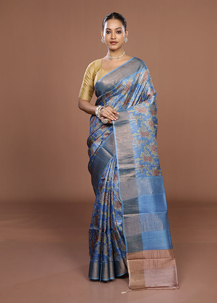Blue Tussar Silk Saree With Blouse Piece