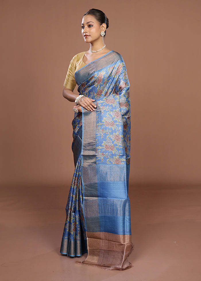 Blue Tussar Silk Saree With Blouse Piece