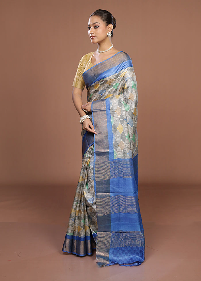 Blue Tussar Silk Saree With Blouse Piece
