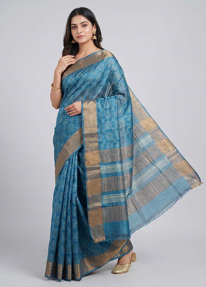 Blue Tussar Silk Saree With Blouse Piece