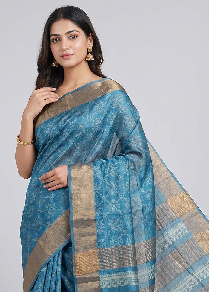 Blue Tussar Silk Saree With Blouse Piece