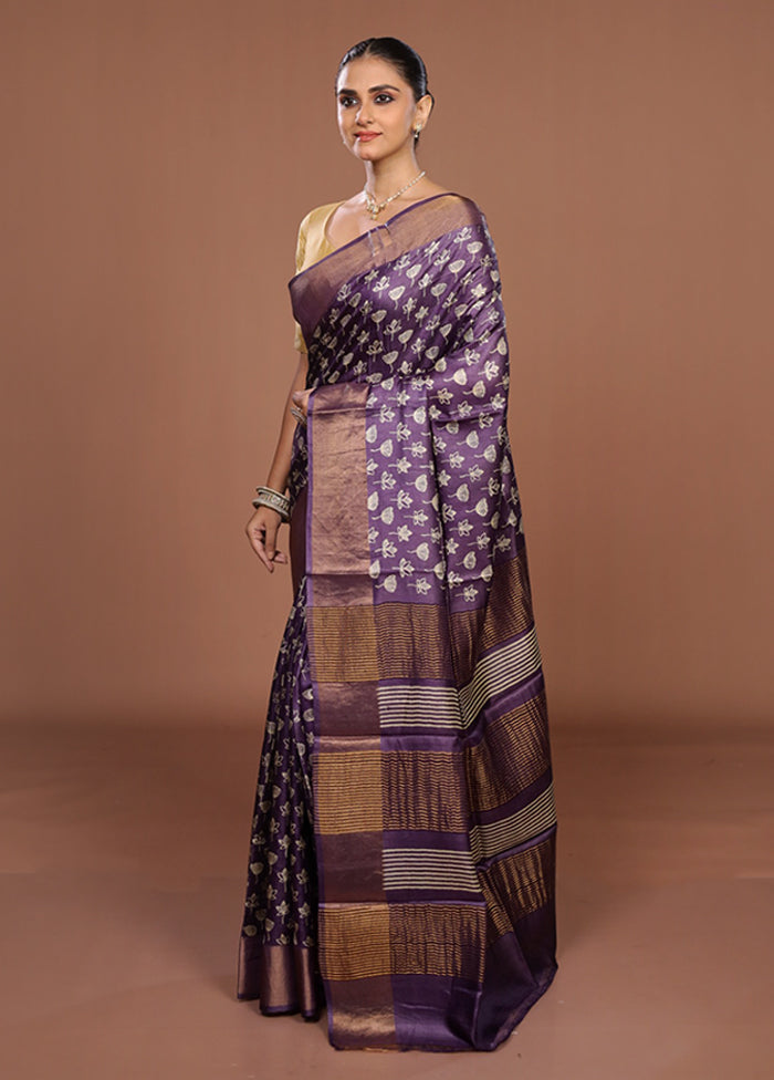 Purple Tussar Silk Saree With Blouse Piece