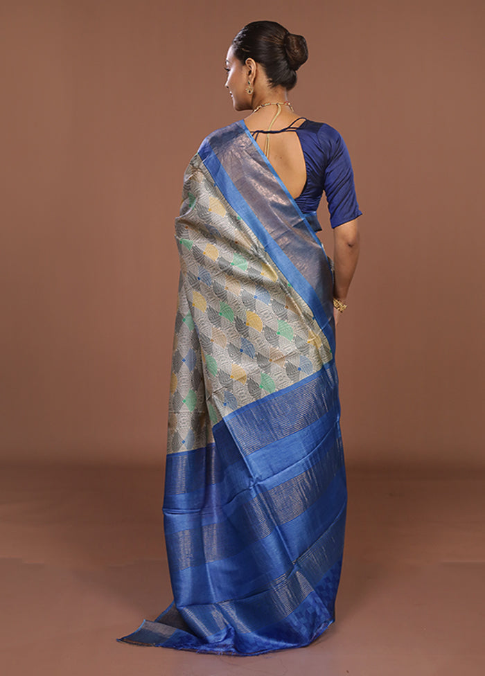 White Tussar Silk Saree With Blouse Piece