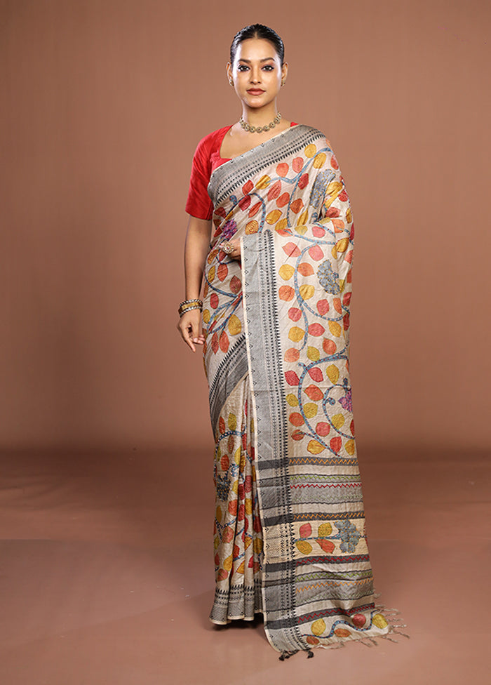 Cream Handloom Tussar Pure Silk Saree With Blouse Piece