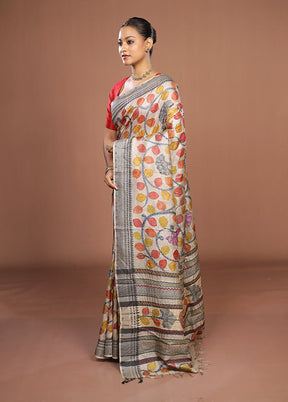 Cream Handloom Tussar Pure Silk Saree With Blouse Piece