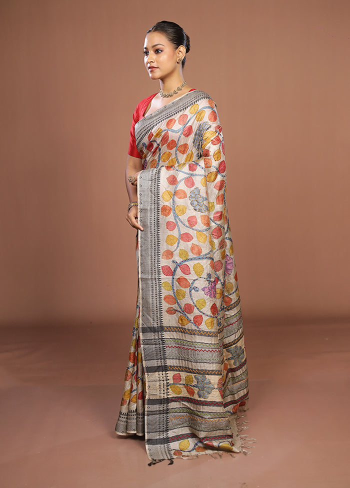 Cream Handloom Tussar Pure Silk Saree With Blouse Piece