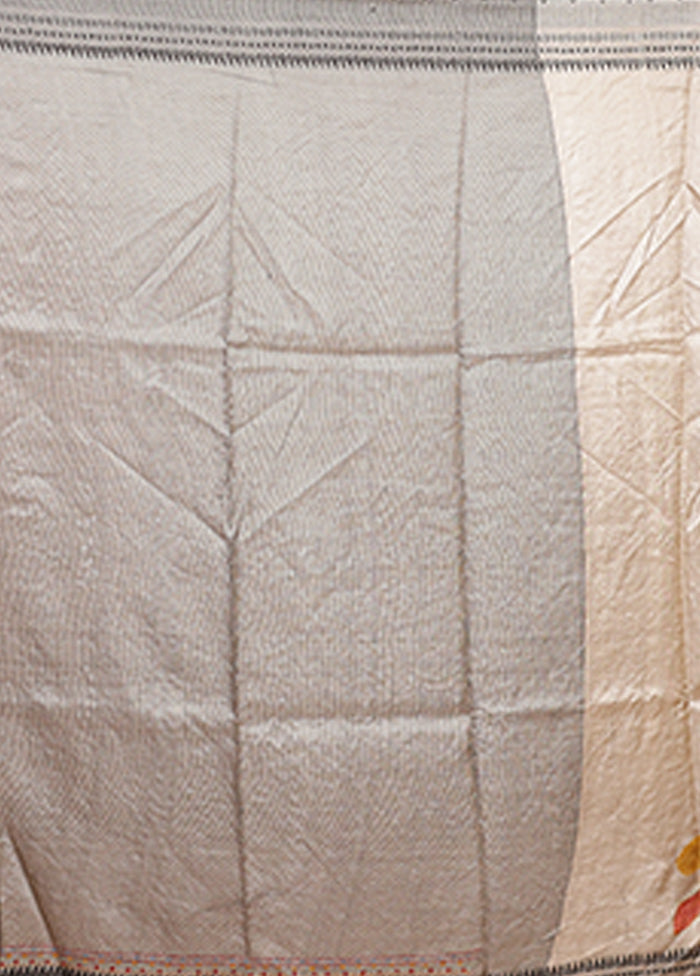 Cream Handloom Tussar Pure Silk Saree With Blouse Piece