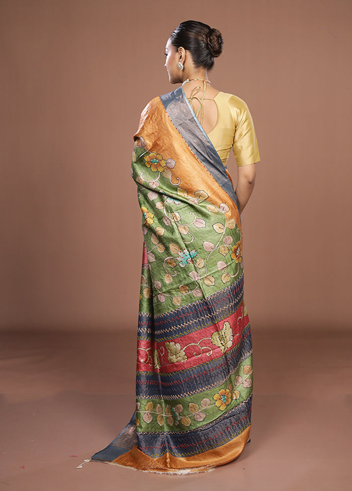Multicolor Handloom Tussar Pure Silk Saree With Blouse Piece