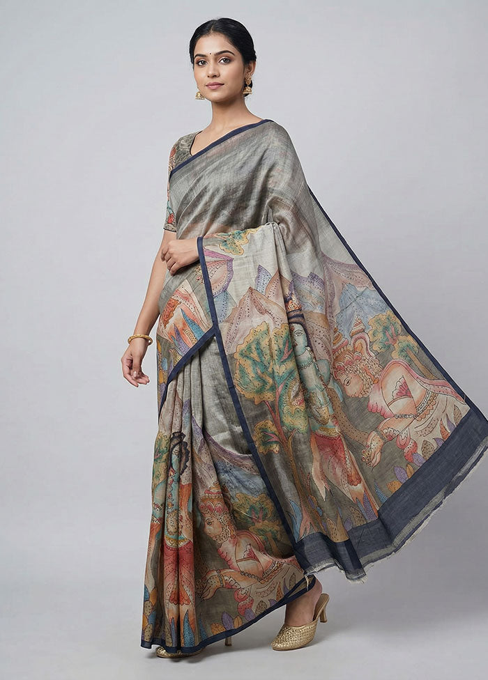 Cream Handloom Tussar Pure Silk Saree With Blouse Piece