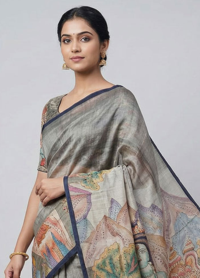 Cream Handloom Tussar Pure Silk Saree With Blouse Piece